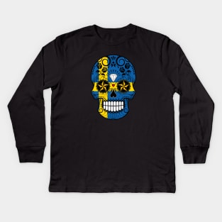 Swedish Flag Sugar Skull with Roses Kids Long Sleeve T-Shirt